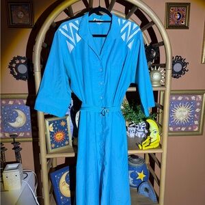 Blue Button-Up Dress with White Accents